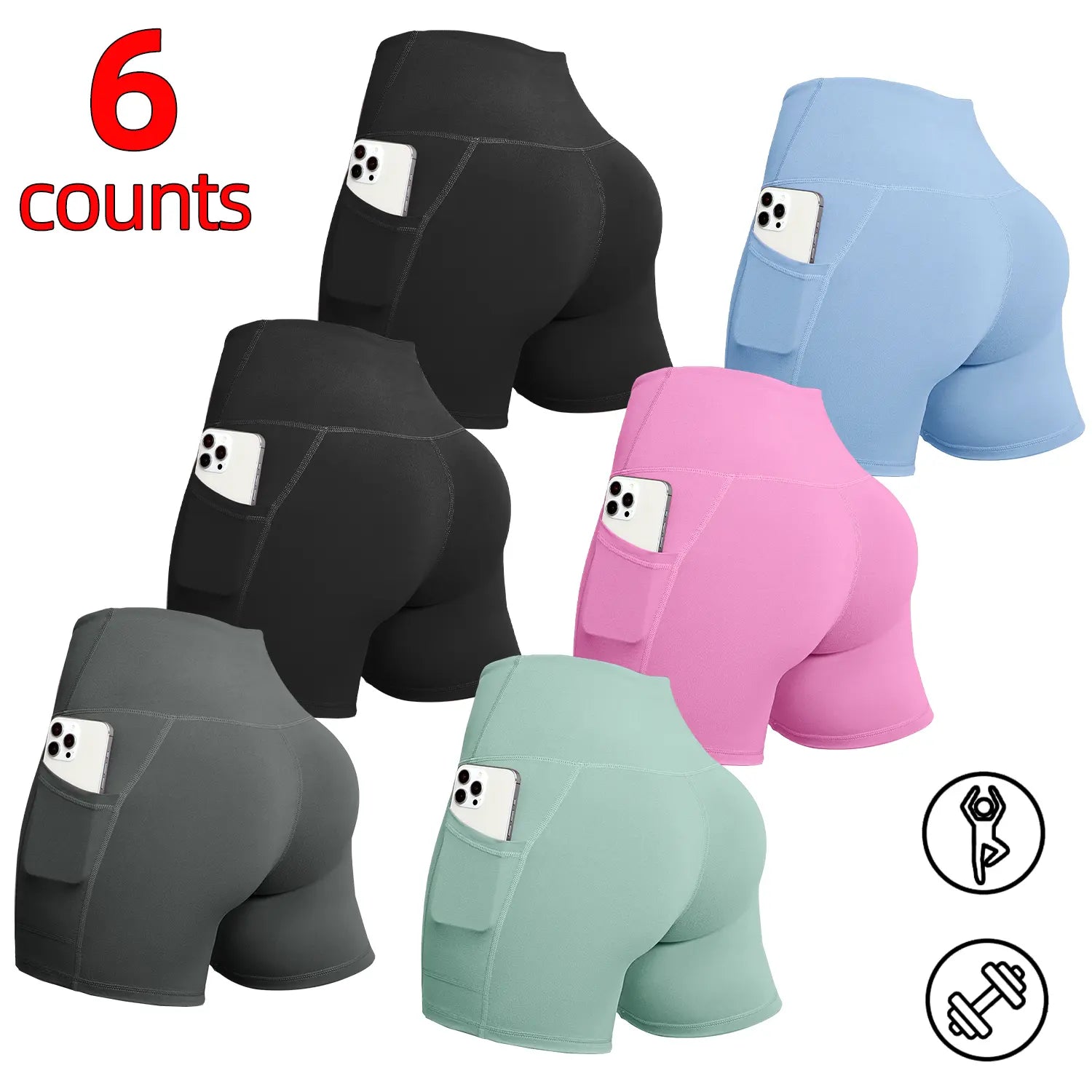 6/8 PACKS High Waisted Biker Shorts for Women with Pockets Tummy Control Fitness Athletic Workout Running Yoga Gym Shorts